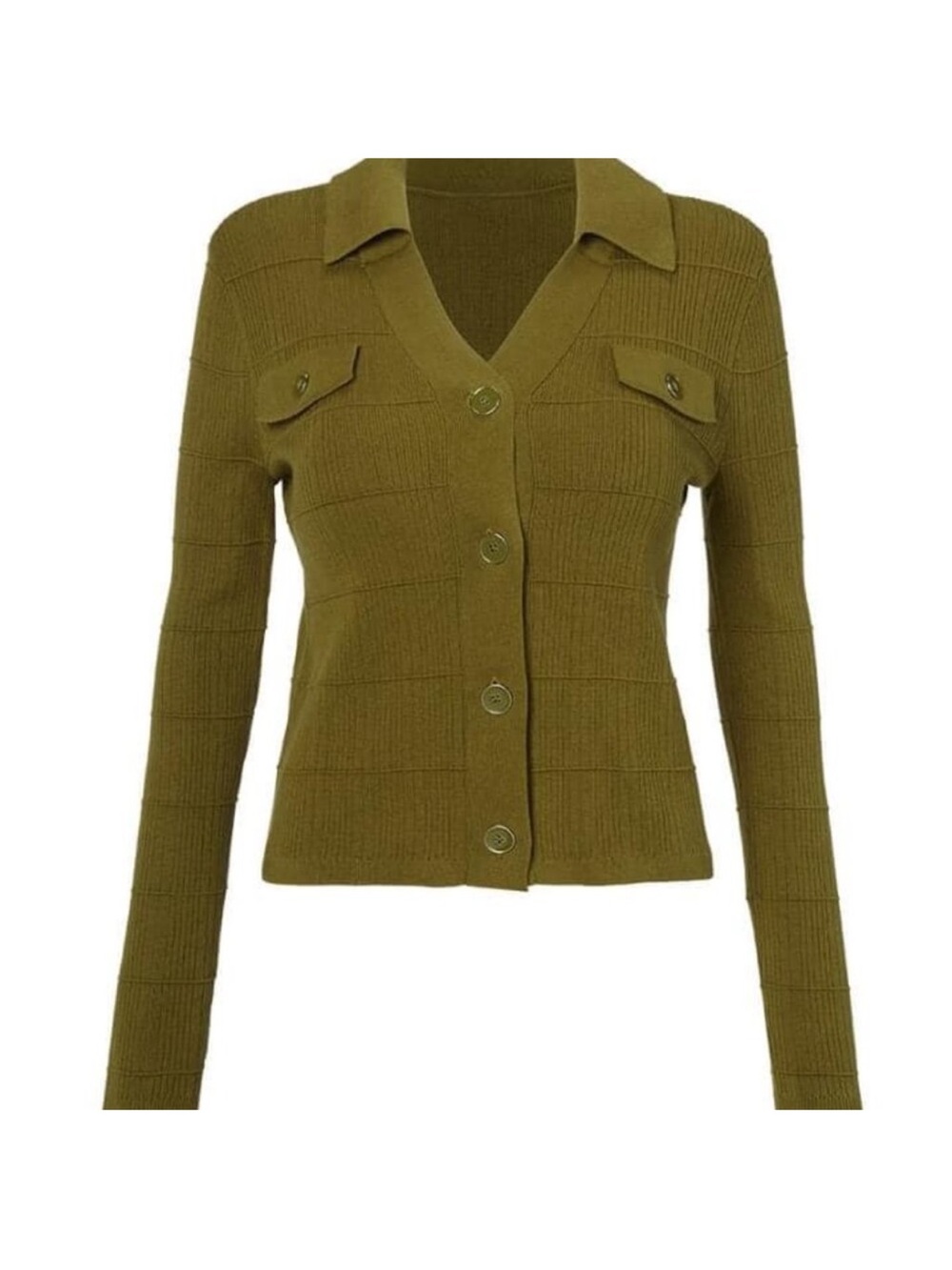 Cabi Exec Cardigan #4470 Olive Green Ribbed Button-Up Cardigan - Picture 2 of 14